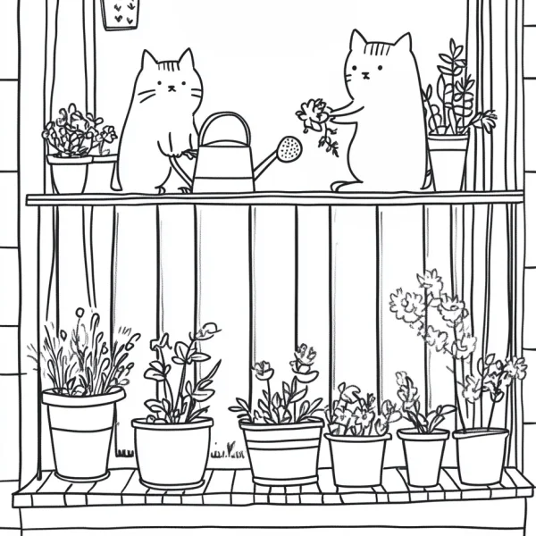 Two cute cats gardening on balcony shelf, cartoon style — free printable gardening coloring book page