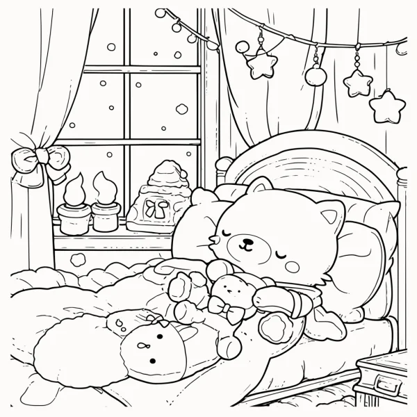 Sleeping cartoon cat in bed with plush toys, cartoon style — free printable pets coloring book page