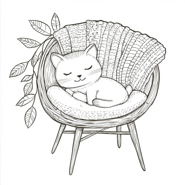 Sleeping cat on a cozy armchair, cartoon style — free printable pets coloring book page