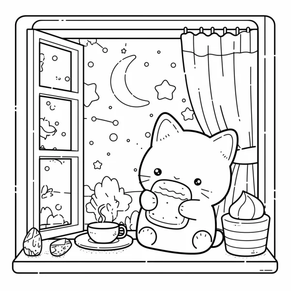 Cute cat eating snack on window sill, cartoon style — free printable pets coloring book page