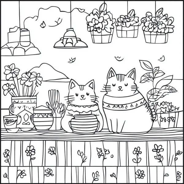 Two cute cats on a wooden home counter surrounded by various potted plants and tableware, cartoon style — free printable gardening coloring book page