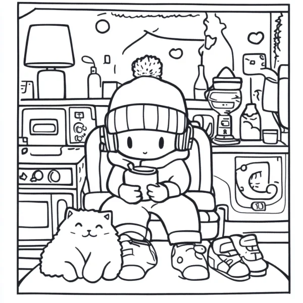 Cute kid with winter hat holding cup sitting on sofa with fluffy cat in cozy home interior, cartoon style — free printable family coloring book page
