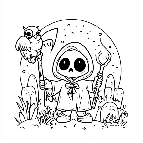 Cute chibi grim reaper, cartoon style — free printable horror coloring book page
