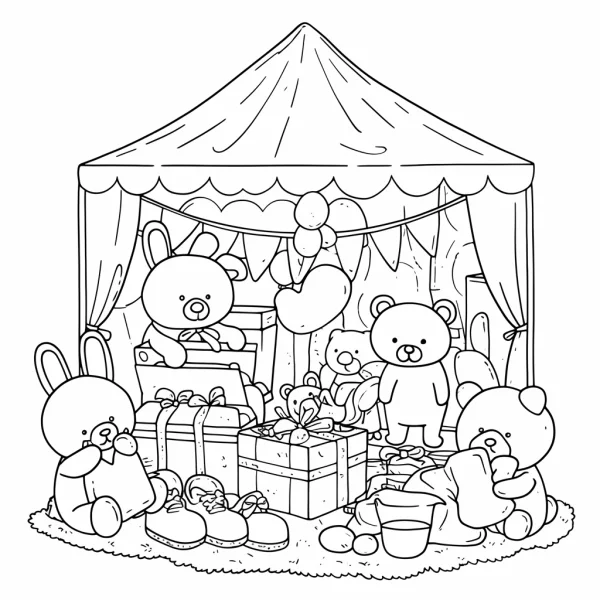 Cartoon toy animals (bears and rabbits) party under a tent, cartoon style — free printable party coloring book page