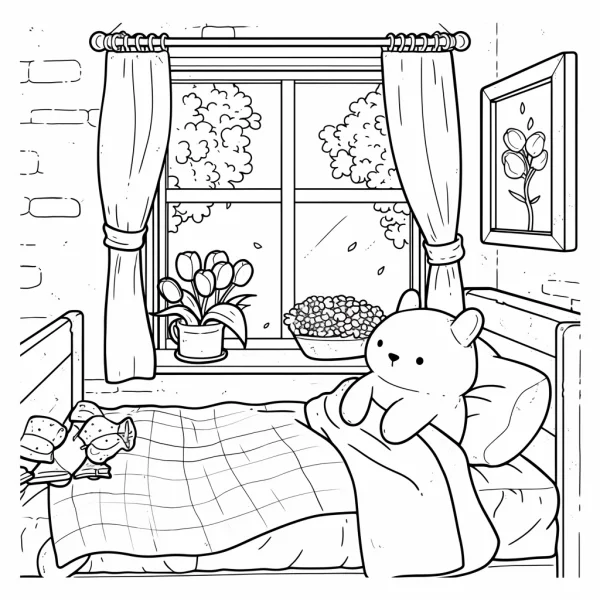 Bedtime teddy bear on bed, cartoon style — free printable family coloring book page