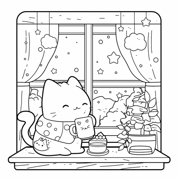 Cute cartoon cat sitting on windowsill, holding a mug with heart patterns — free printable daily life coloring book page