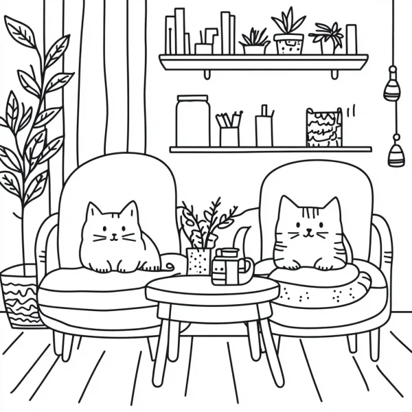 Two cute cats sitting on armchairs in a cozy living room, cartoon style — free printable home living coloring book page