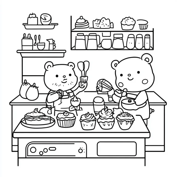 Two cute bears baking desserts in kitchen, cartoon style — free printable cooking coloring book page