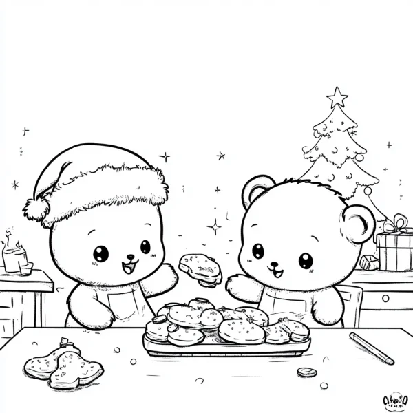 Two cute bears making christmas cookies, one wearing santa hat — free printable family coloring book page