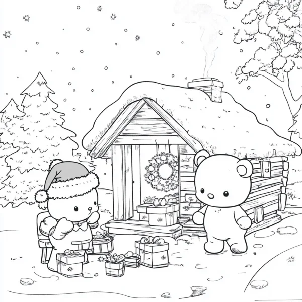 Two cute bears one wearing santa hat, cartoon style — free printable winter coloring book page