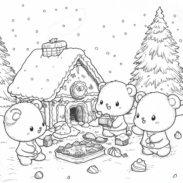 Three cute bears having a picnic in front of a snow-covered cottage, christmas theme — free printable winter coloring book page