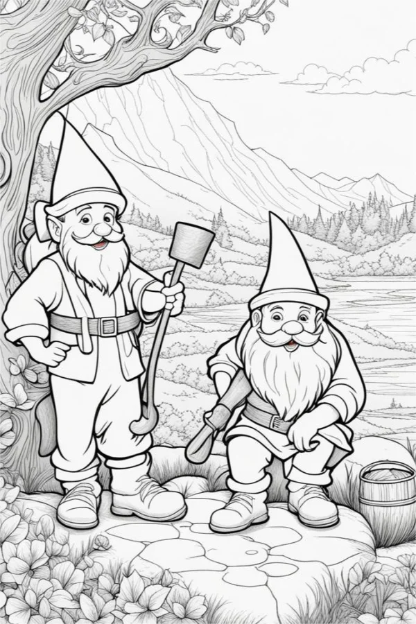 Two garden gnomes in outdoor natural scene, cartoon style — free printable outdoor coloring book page
