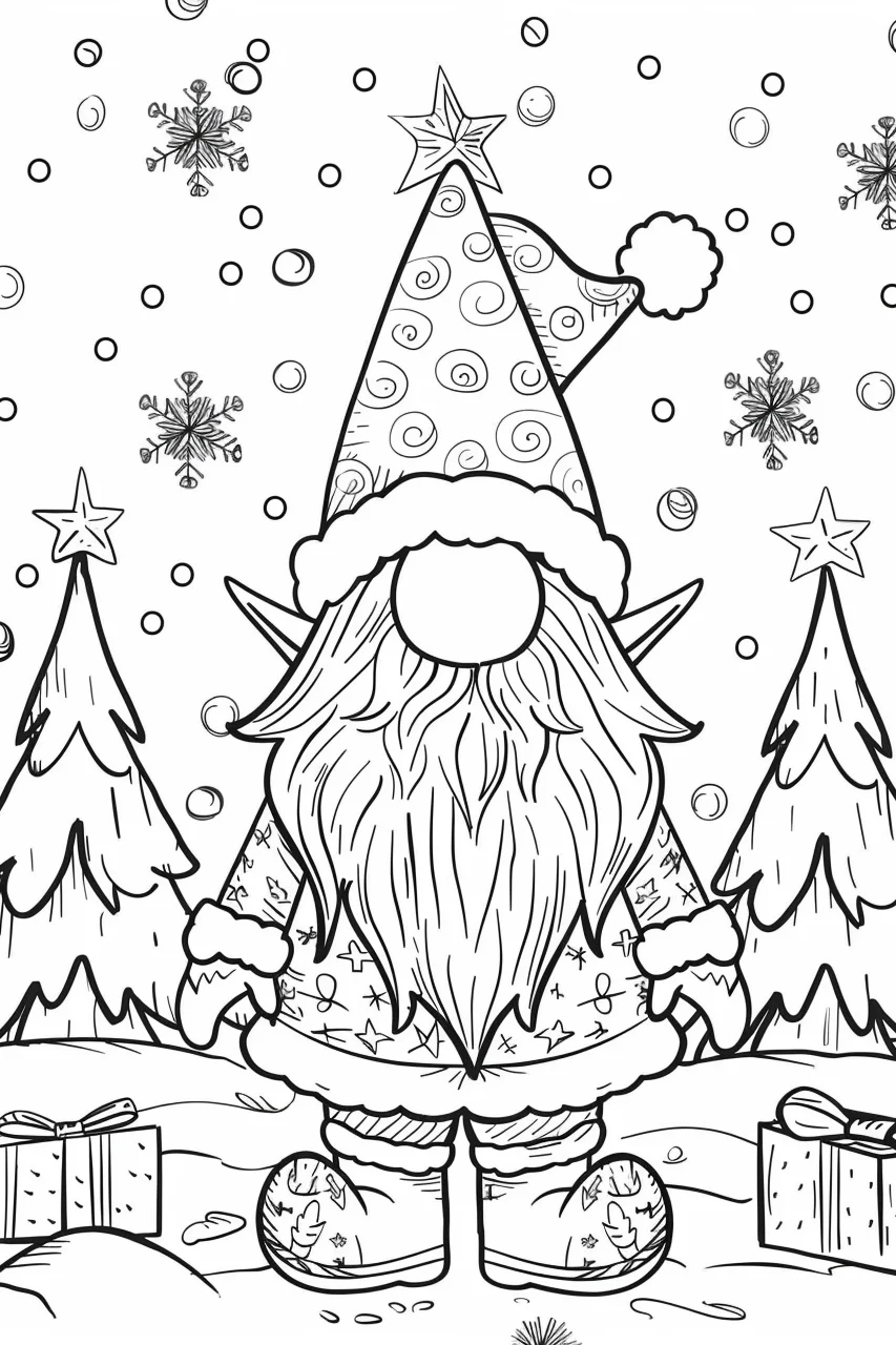 Christmas gnome with long beard, cartoon style — cartoon style — moderate detail — line art coloring page — for kids and adults of all ages