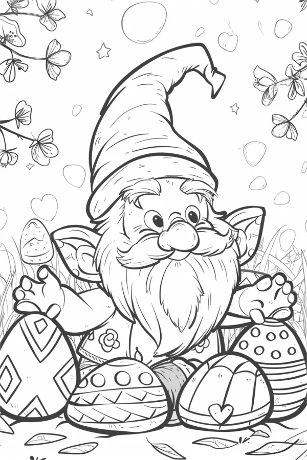 Cute gnome holding easter eggs, cartoon fairy tale style — free printable easter coloring book page
