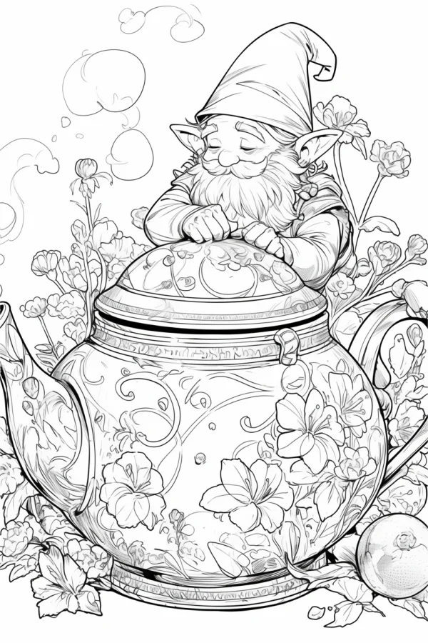 Gnome leaning on a decorative teapot with intricate floral patterns, cartoon illustration style — free printable gardening coloring book page