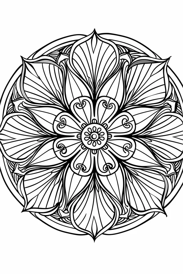 Floral mandala, intricate symmetrical line art — free printable creativity coloring book page