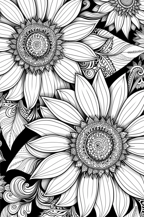 Mandala-style sunflowers, intricate zen tangle patterns — free printable mandala coloring book page