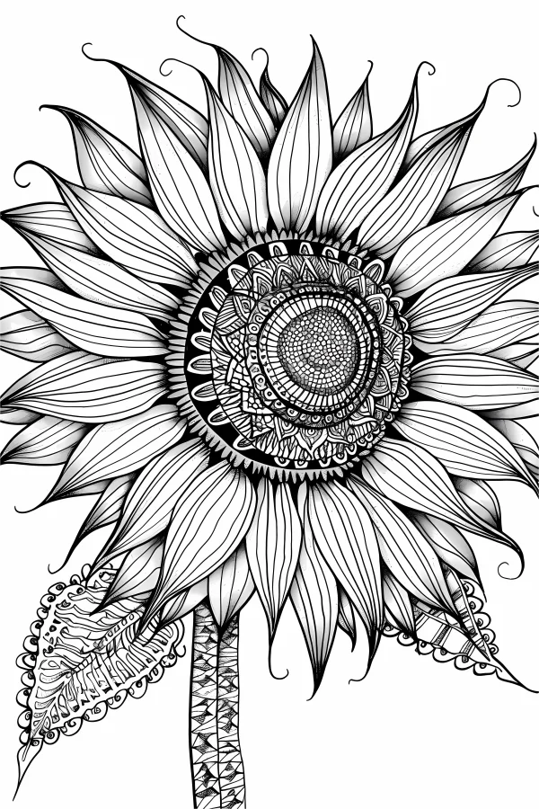 Mandala-style sunflower, zentangle and mandala art style — free printable creativity coloring book page