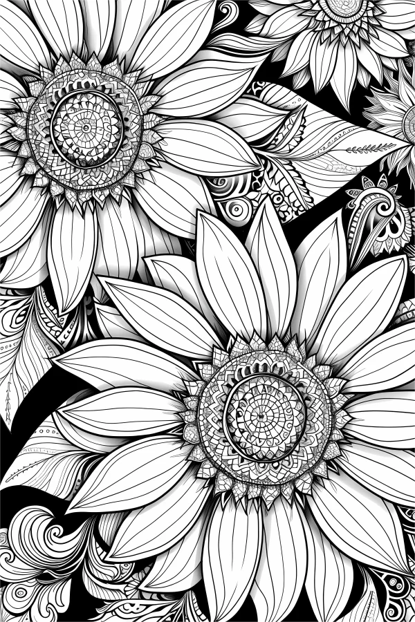 Coloring book page, mandala-style sunflowers — free printable mandala art coloring book page