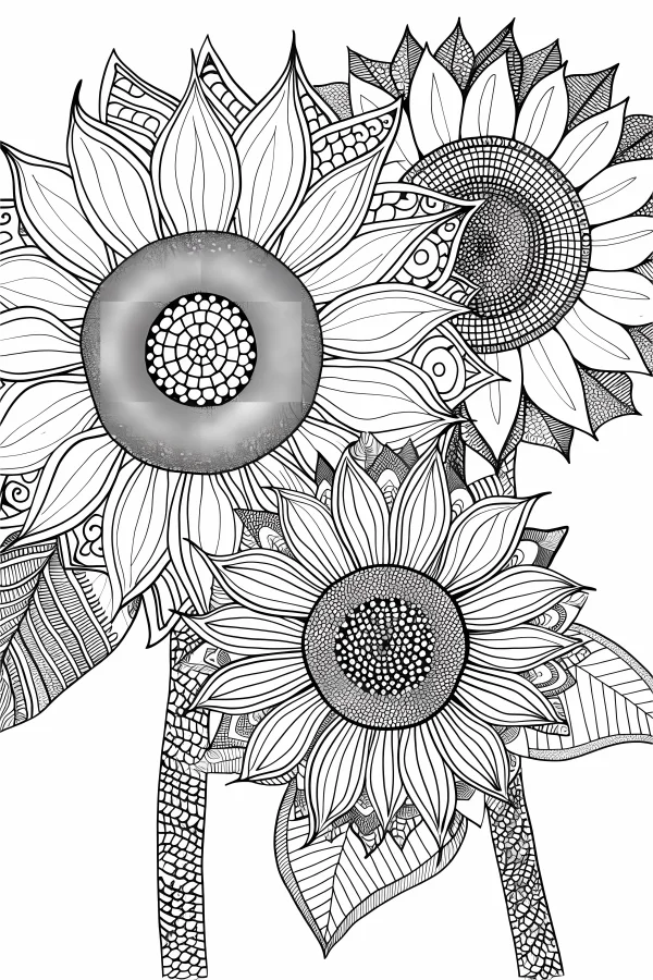 Zentangle-style sunflowers, natural floral design — free printable creativity coloring book page