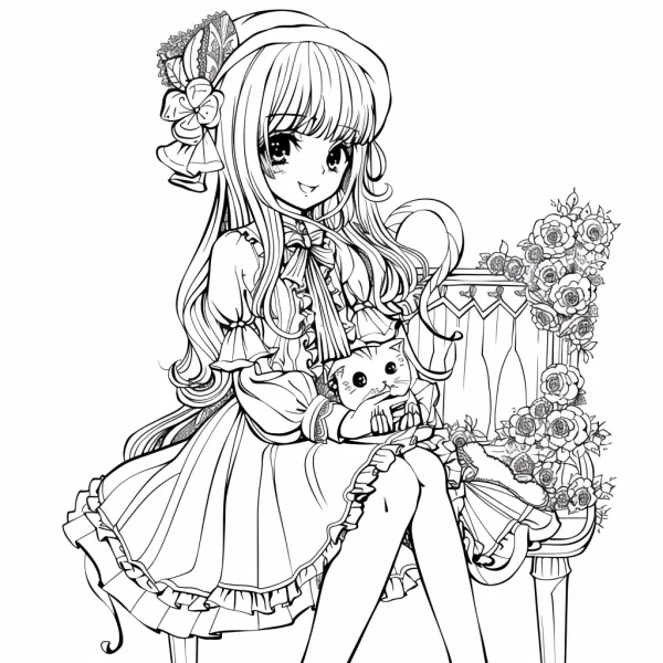 Cute lolita girl holding a kitten, anime cartoon style — free printable pets coloring book page