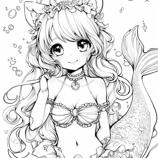 Cute cat-eared mermaid, anime cartoon style — free printable ocean coloring book page