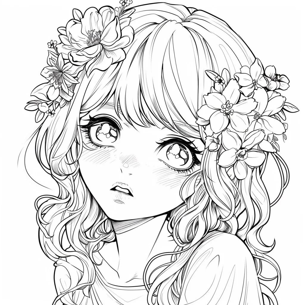 Curly-haired girl with flower decorations on head, japanese anime cartoon style — cartoon style — moderate detail — line art coloring page — for kids and adults of all ages