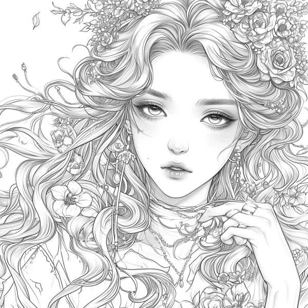 Curly-haired girl with floral decorations, anime illustration style — free printable characters coloring book page