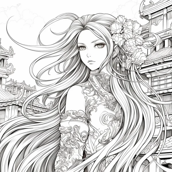 Coloring book page, ancient chinese long-haired girl with peonies in hair — free printable characters coloring book page
