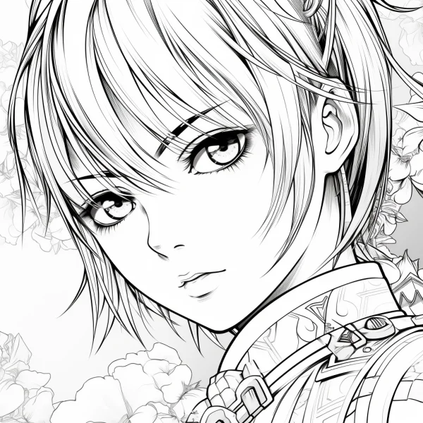 Anime-style short-haired girl portrait, surrounded by floral elements — free printable characters coloring book page