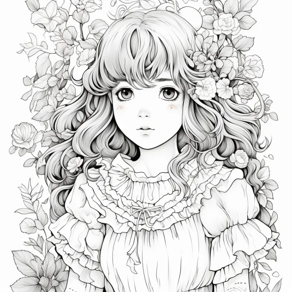 Curly-haired girl surrounded by flowers, japanese anime style — free printable characters coloring book page