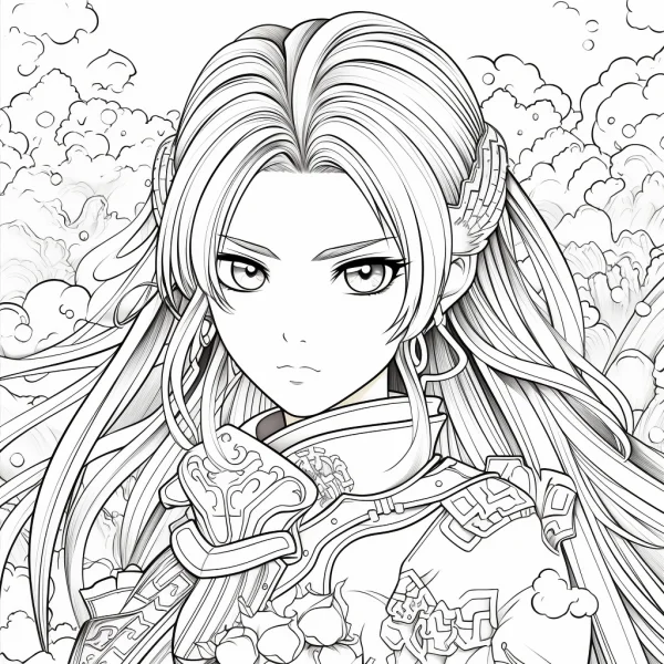 Ancient chinese anime girl with long flowing hair, traditional chinese clothing with intricate decorative patterns — free printable chinese style coloring book page