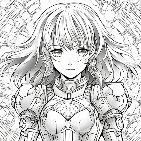 Anime-style mecha girl with long flowing hair, sci-fi theme — free printable characters coloring book page