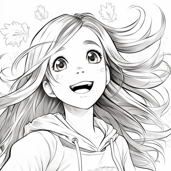 Cheerful long-haired girl with freckles, cartoon sketch style — free printable autumn coloring book page