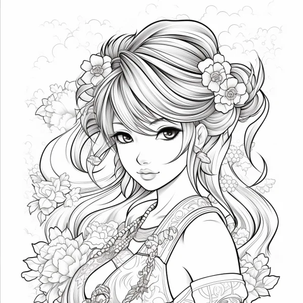 Anime girl with flowers in hair and around, japanese style — free printable characters coloring book page