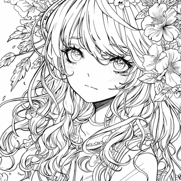 Curly-haired girl surrounded by flowers and leaves, anime style — free printable characters coloring book page
