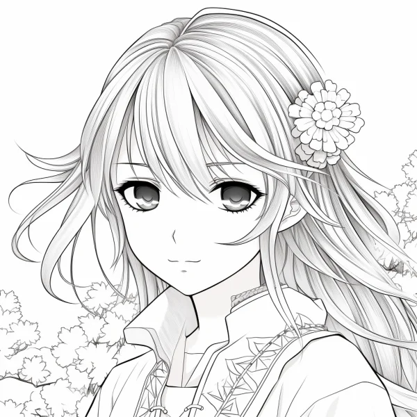 Anime girl with long hair and flower hairpin, japanese anime style — free printable characters coloring book page