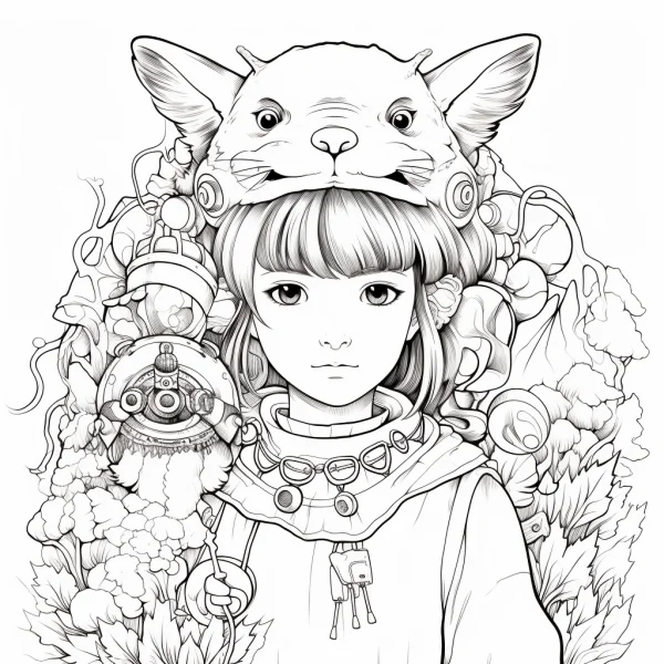 Girl wearing cat headgear, japanese fantasy style — free printable characters coloring book page