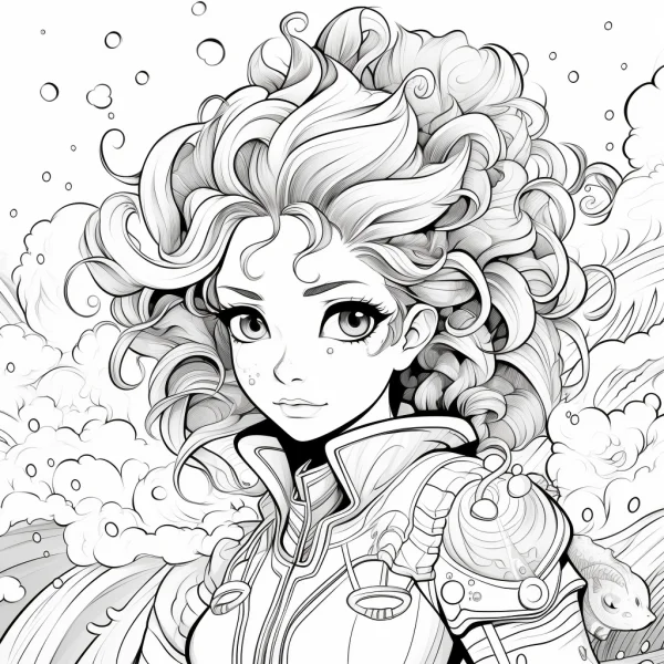 Fantasy curly-haired girl in steampunk-style outfit, cartoon fantasy style — free printable characters coloring book page
