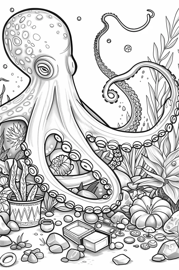 Underwater octopus, cartoon style — free printable marine life coloring book page