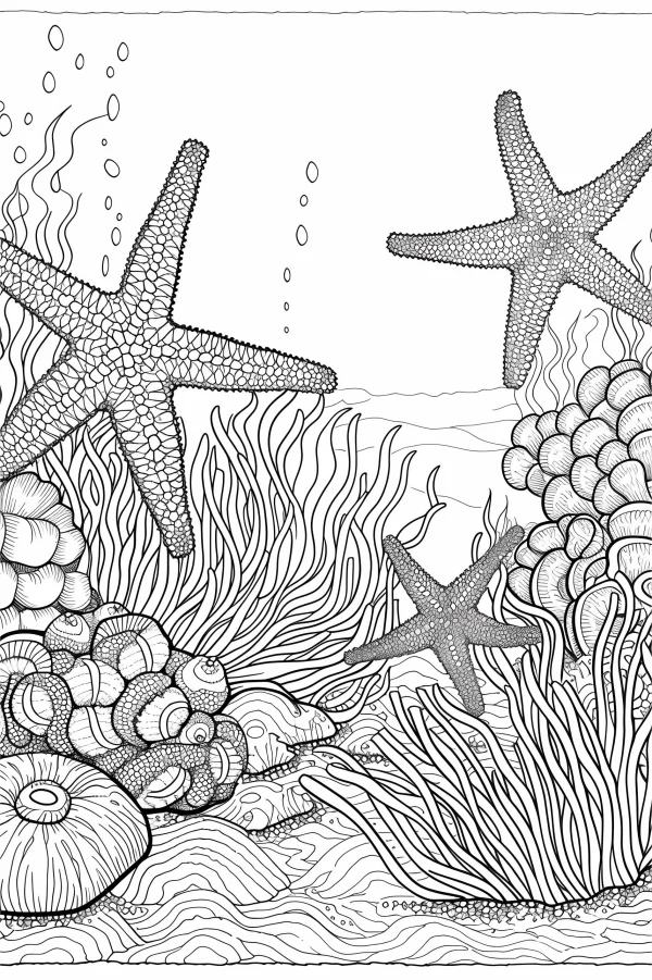 Underwater scene with starfish and seashells, realistic line art — free printable marine life coloring book page