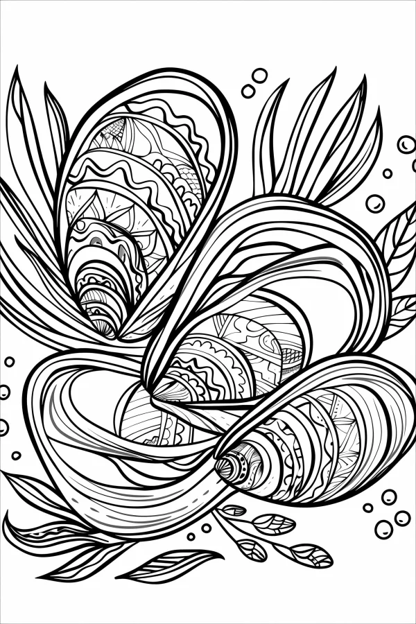 Mandala-patterned seashells with leaves, natural ocean theme — free printable marine life coloring book page