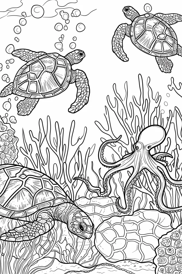 Underwater scene with sea turtles and octopus, realistic style — free printable marine life coloring book page