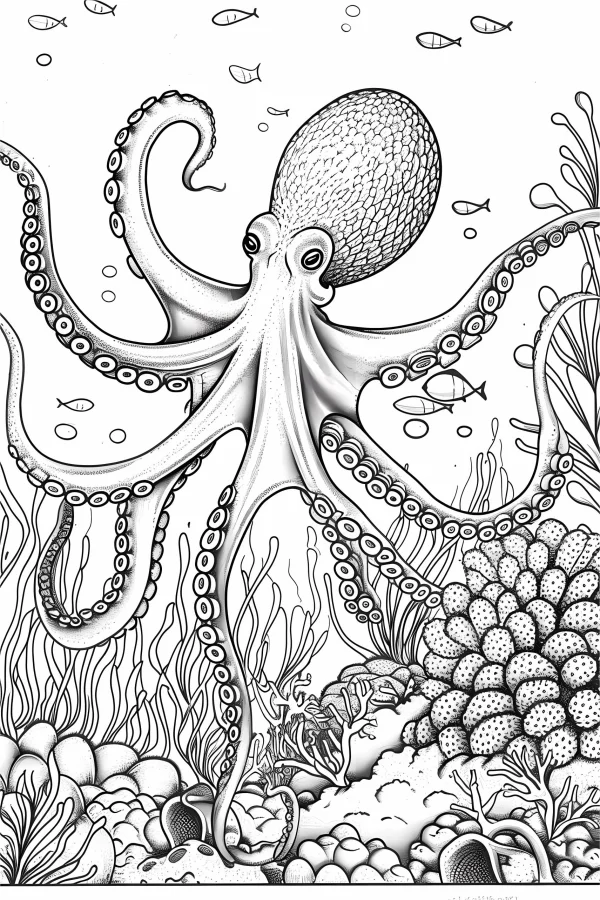 Undersea octopus, realistic line art style — free printable marine life coloring book page