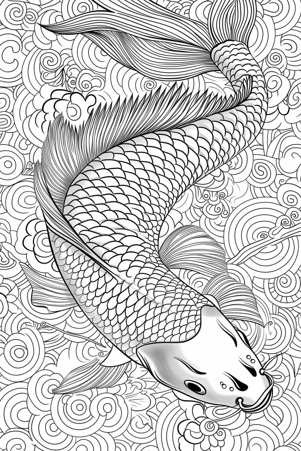 Chinese style koi fish, detailed scales and fins — free printable chinese style coloring book page