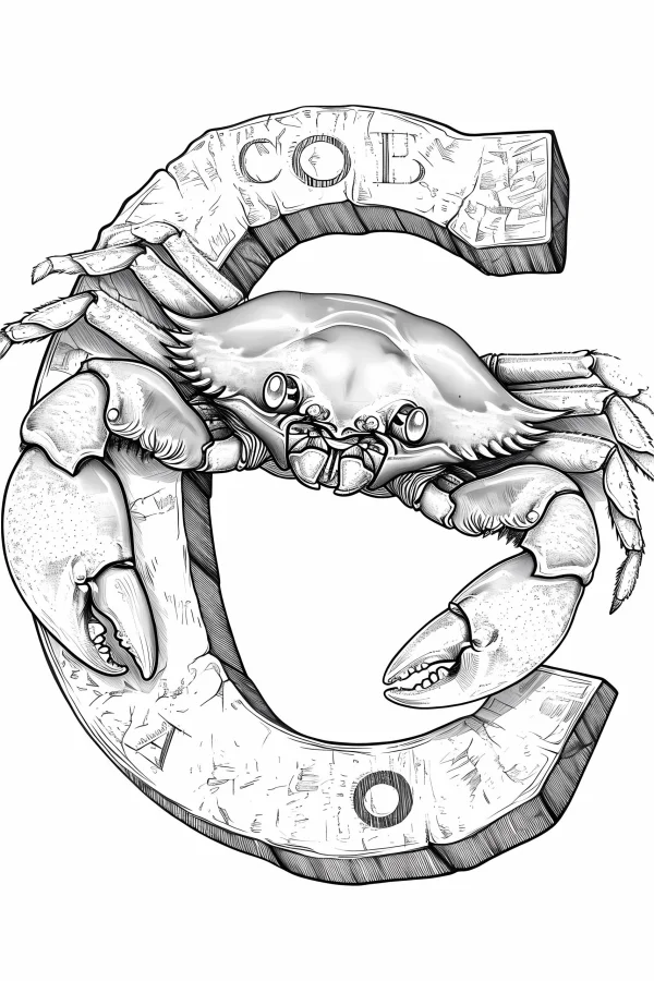 Realistic crab combined with stone-textured letter c with 'cob' text, realistic style — free printable creativity coloring book page