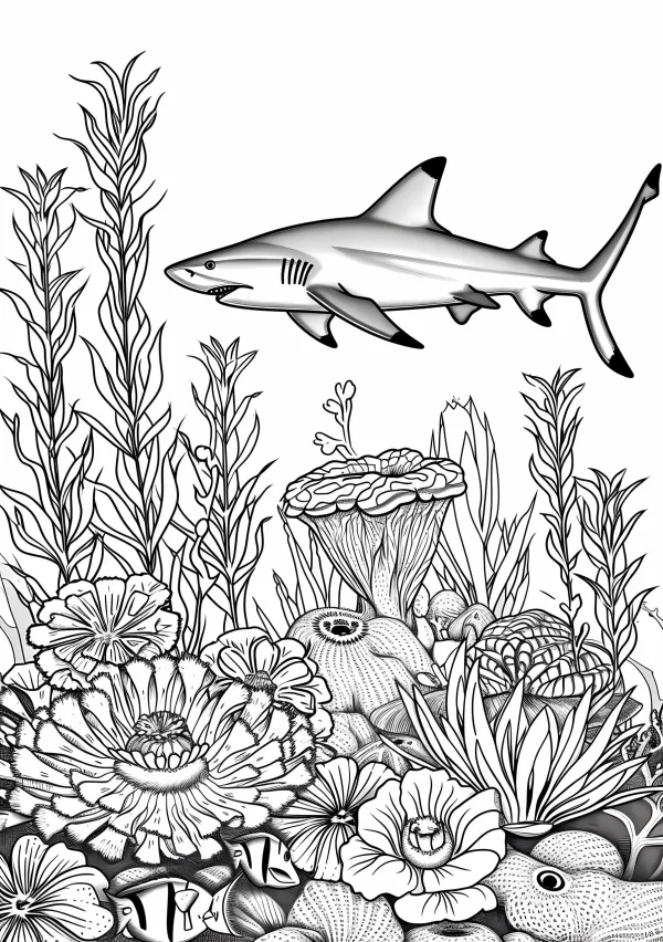 Underwater shark with tropical fish, realistic line art style — free printable marine life coloring book page