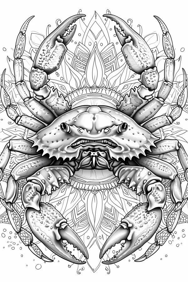 Mandala-style crab, intricate symmetrical mandala patterns in background — free printable abstract coloring book page