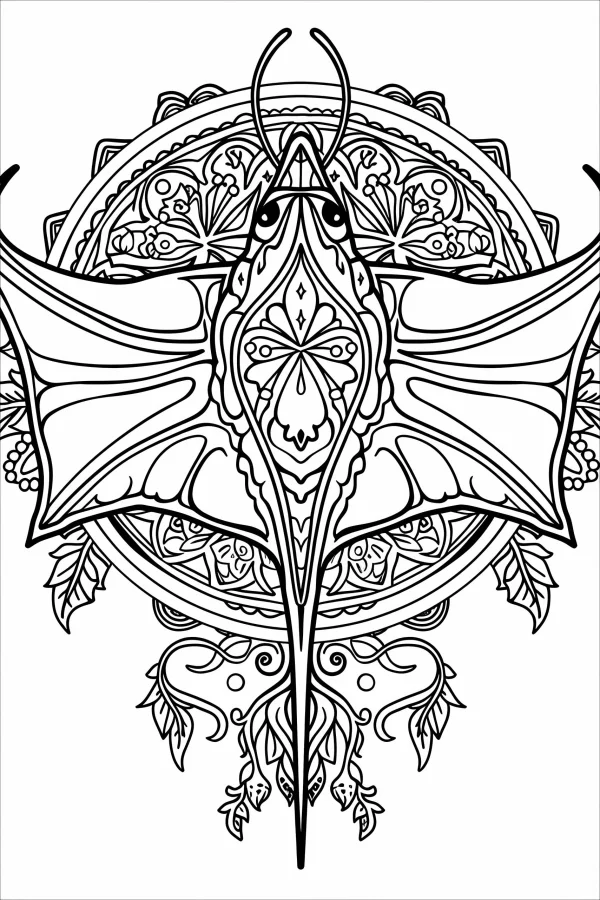 Mandala-style manta ray, decorative art style — free printable marine life coloring book page