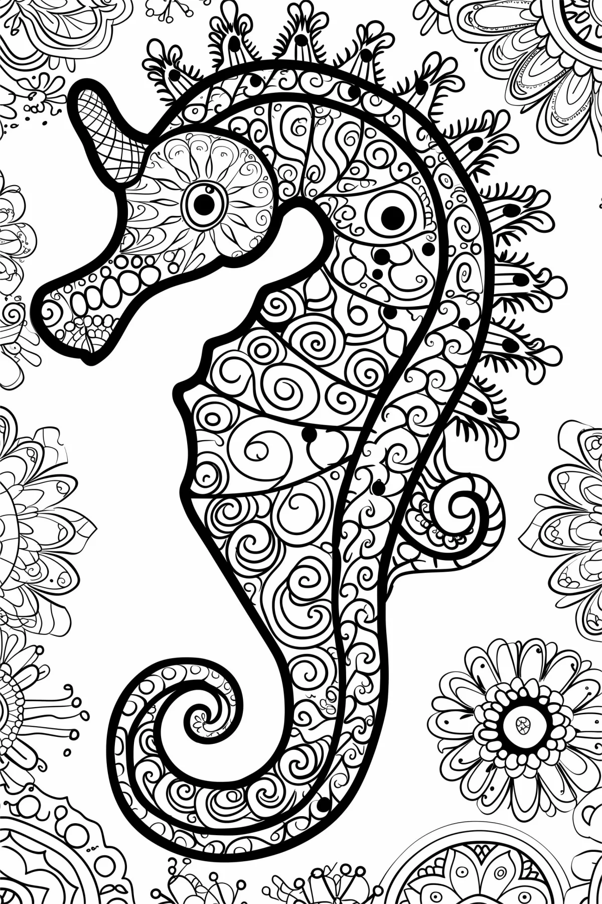 Mandala-style seahorse, zentangle and mandala art style — zentangle style — highly detailed — line art coloring page — for kids and adults of all ages